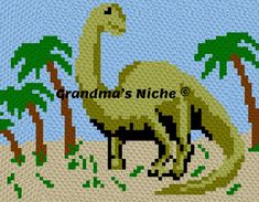 an image of a cross stitch pattern of a dinosaur in the desert with palm trees