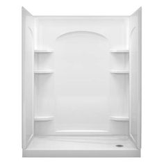 a white shower with shelves on the wall