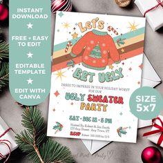 an ugly sweater party flyer with presents around it