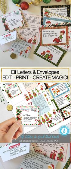 christmas cards and envelopes with the words elf letters and envelopes on them, surrounded by ornaments