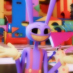 an animated character is standing in front of some colorful objects and looking at the camera