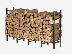 a stack of logs sitting next to each other on top of a metal rack filled with wood