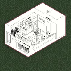 an aerial view of a kitchen and dining area