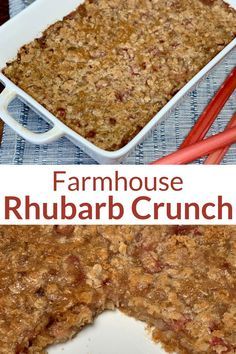 a close up of food on a plate with chopsticks near it and the words farmhousee rhubarb crunch