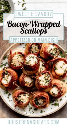 bacon wrapped appetizer or main dish on a white plate with text overlay