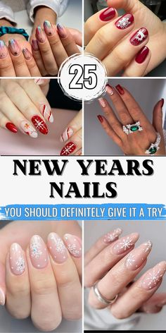 Elevate your style with new years nails that follow 2025 trends. Choose acrylic or gel designs in almond, squoval, or coffin shapes for a modern look. Whether you're dressing up for Christmas, a beach party, or a wedding, these nails will help you shine. Don’t forget to try black and red color schemes or rhinestone accents for an extra glamorous touch! Acrylic New Years Nails, Ideas For A Christmas Party, Holiday Manicure, Red Color Schemes, Gel Designs, Round Nails