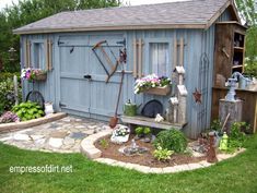 two pictures side by side one has a shed and the other has flowers in it