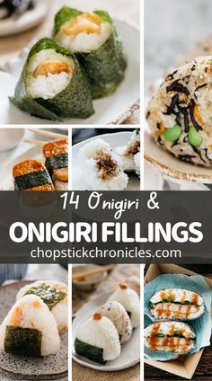 there are many different types of sushi in this collage with the words, oh ngiri & omgiri fillings