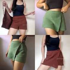 four different pictures of a woman in short shorts