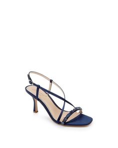 Placed on a sturdy contemporary mid-heel stiletto heel, this sandal is the go-to-item for any dance floor. The crisscrossing straps provide safe support.Heel height - 3", stiletto Shoe width - medium Buckle closure Manmade upper, manmade lining, manmade outsole Square toe sandal Manmade Professionally Clean Imported Navy Dress Gold Shoes, Blue Sandals Heels, Navy Gown, Mens Monogram, Jewel Badgley Mischka, Square Toe Sandals, Evening Sandals, Blue Pumps, Stiletto Shoes