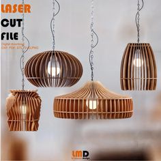 three wooden lamps hanging from the ceiling