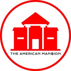 the american mansion logo in red and white with an orange roof on it's side