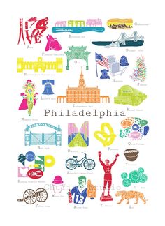 an illustrated poster with the words philadelphia in different colors and symbols, including buildings, parks, and people