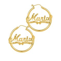 These 14K Gold over Sterling Silver nameplate earrings are designed with diamond cut etching, which gives them shimmering, unique detail. This sparkly attribute adds attention and flare to the name, which you have up to 12 characters to personalize. The diamond cut etching continues along the underlined portion of the earrings, which flows underneath the design and connects the nameplate to the edges of the rounded hoop. This diamond etched, nameplate earrings are the perfect feature piece to ad Small Hoop Engraved Jewelry For Anniversary, Engraved Hoop Earrings For Anniversary, Personalized Yellow Gold Earrings For Anniversary, Engraved Round Earrings For Anniversary, Engraved Small Hoop Earrings For Gift, Engraved Small Hoop Earrings As Gift, Personalized 14k Gold Earrings For Anniversary, Engraved Hoop Earrings As Gift, Custom Name Gold Earrings For Anniversary