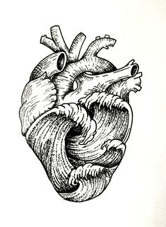 an ink drawing of a heart with waves coming out of the center and inside it