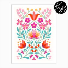 an art print with colorful flowers and leaves