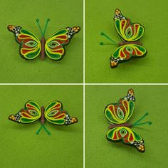 four pictures of colorful butterflies on a green surface