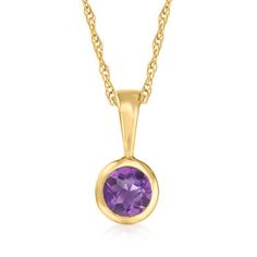 Ross-Simons - .21 Carat Amethyst Pendant Necklace in 14kt Yellow Gold. 16". RS Pure. Modern designs that complete your outfit and complement your personality. Vibrant and simple, this dainty necklace features a .21 carat amethyst pendant on a small rope chain. Springring clasp, amethyst pendant necklace. Amethyst birthstones are the perfect gift for February birthdays. Amethyst Pendant Necklace, Amethyst Birthstone, Amethyst Necklace Pendant, Necklace Amethyst, February Birthday, Birthstone Pendant, Amethyst Pendant, Fine Jewellery Necklace, Dainty Necklace