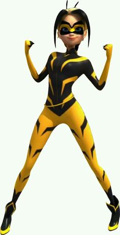 a woman in a yellow and black cat suit with her arms out to the side