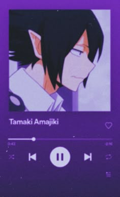 an anime character on a cell phone with the screen turned to purple and has black hair