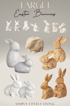 some white and brown rabbits sitting next to each other on top of a gray background