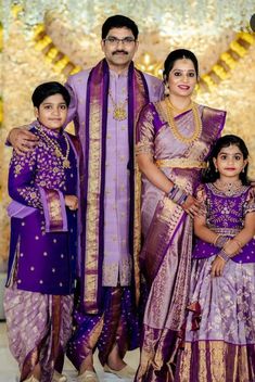 Family Matching Outfits Indian, Thread Ceremony, Mom And Baby Dresses, Function Dresses, Mom And Daughter Matching, Couple Wedding Dress, Indian Family, Kids Blouse Designs, Wedding Saree Blouse Designs