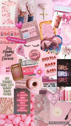 pink collage with lots of different things in it