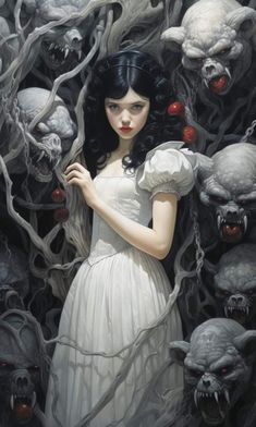 a painting of a woman surrounded by creepy heads