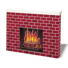 a red brick fire place with flames coming out of the top and bottom part,