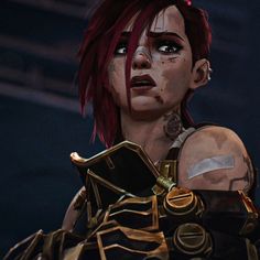 an animated character with red hair and piercings