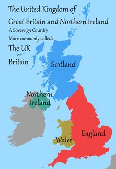 the united kingdom of great britain and northern ireland is shown in red, blue, green, yellow and orange