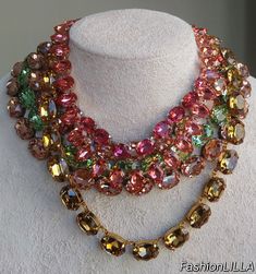 Layered crystal statement necklace, colorado topaz Austrian crystal collet, rose pink Georgian paste riviere, padparadscha crystal necklace This group of layered Austrian crystal necklaces are truly a la Anna Wintour style. Light Colorado topaz, rose pink, light padparadscha (peach) and crystolite green Austrian crystals make them a true statement combination.  You can wear them individually all together, mix and match to accentuate your wardrobe. They can be ordered at a variety of lengths to c Anna Wintour Style, Necklace Outfit, Crystal Statement Necklace, Swarovski Crystal Necklace, Anna Wintour, Fabulous Jewelry, Austrian Crystal, Rose Pink, Swarovski Crystal