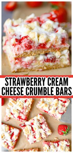 strawberry cream cheese crumble bars are stacked on top of each other