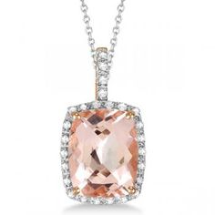 Diamond and Cushion Morganite Pendant Necklace 14k Rose Gold (2.61ct) -Allurez.com Morganite Pendant, Diamond Chain Necklace, Rose Gold Morganite, Rose Gold Chain, Rose Gold Pendant, Diamond Chain, Wedding Jewellery Necklace, Gemstone Necklace Pendant, Diamond Pendant Necklace