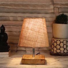 a lamp sitting on top of a wooden block next to a potted plant and other items