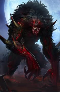 a demonic creature with horns and fangs in front of a full moon