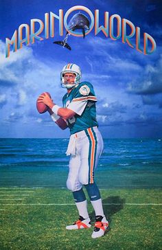 a man holding a football on top of a field next to the ocean in front of a dolphin