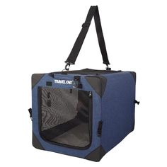 a blue and black pet carrier with the word travel out on it's side