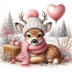 a painting of a deer wearing a knitted hat and scarf with a pink heart balloon