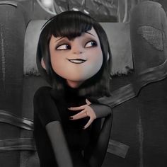 the animated character is sitting down with her hands on her chest