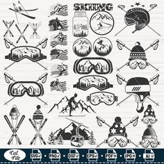 the ski and snowboard emblems are shown in black on white, with different designs