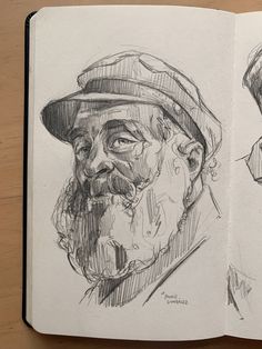 an open book with two drawings of men in hats