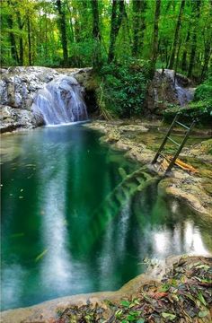 a small waterfall in the middle of a forest filled with green trees and water surrounded by rocks