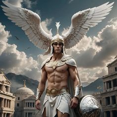 a man dressed as an ancient greek warrior with wings and armor on his shoulders standing in front of a cityscape