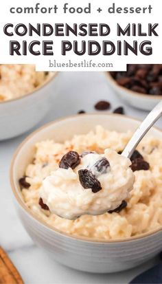 a bowl full of rice pudding with raisins and chocolate chips on the side