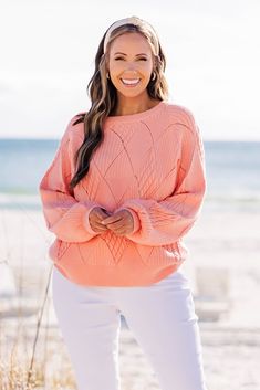 We are so in love with this sweater! It offers a cozy and stylish addition to your wardrobe! With its textured design, this sweater exudes comfort while the pretty peach color adds a touch of femininity! Pair it with white denim and your favorite heels or sandals for a chic look! 50% Viscose, 28% Polyester, 22% Nylon Open My Heart, Watermelon Outfit, Crochet Clothing, Heart Sweater, Clothes Closet, Textured Design, So In Love, Peach Color, Model Fits