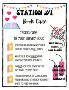 a sign that says station 4 book care taking care of your library book