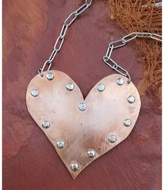 Big copper riveted casual statement necklace Rivet Jewelry Pendants, Unique Hand Forged Necklace With Heart Pendant, Heart-shaped Silver Copper Jewelry, Silver Heart-shaped Copper Jewelry, Hand Forged Silver Heart Necklace, Silver Hand Forged Heart Necklace, Handmade Copper Heart Pendant Necklace, Heart-shaped Sterling Silver Soldered Necklace, Sterling Silver Heart-shaped Soldered Necklaces