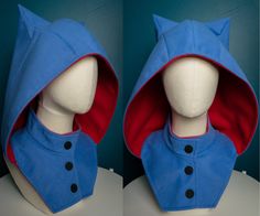 Warm Petersham coat like fabric handmade hood with neck cover, baby blue  with red color inside and pointy ears.  This is an original pattern and style by us.  Great to wear for colder weather or to give as a gift for friends or family.  FABRIC DESCRIPTION:  Petersham is the name of a thick fabric made of carded yarn. The name comes directly from the German language -  which in free translation simply mean a strand. Petersham fabric, despite its thickness, has a fairly good air circulation, whic Winter Blue Outerwear For Cosplay, Hood Pattern, Hooded Cowl, Pointy Ears, Neck Cover, Winter Outerwear, Red Cat, Cat Ear, German Language