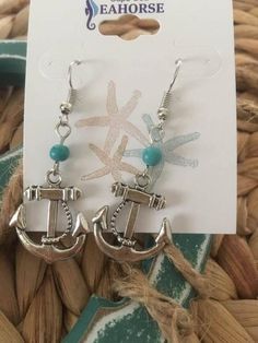 Anchor  turquoise bead drop Earrings,Nautical Earrings,Coastal Earrings Casual Summer Dangle Jewelry, Silver Casual Summer Earrings, Casual Silver Earrings For Summer, Casual Silver Summer Earrings, Metal Beaded Earrings For Summer, Casual Dangle Earrings For Beach, Metal Beaded Drop Earrings For Beach, Beaded Metal Drop Earrings For Beach, Turquoise Nickel-free Beaded Earrings For Beach